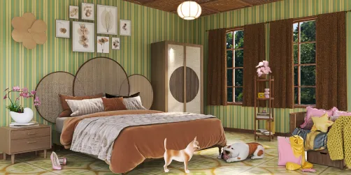Pink, Yellow, Brown, Green Bedroom