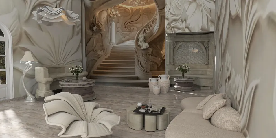 elegant living room featuring sculptural furniture and floral wall textures in a contemporary style, showcasing interior decor with Homestyler's real-time 3D rendering for design proposal presentations