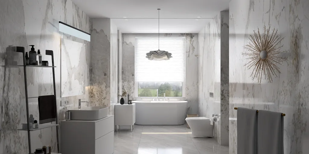 a bathroom with a large window and a large window 