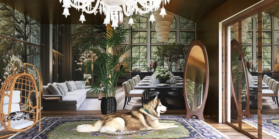 modern living room with a large rug and a husky dog lounging, showcasing interior design inspiration with smart furniture arrangement and immersive 3D rendering features from Homestyler.