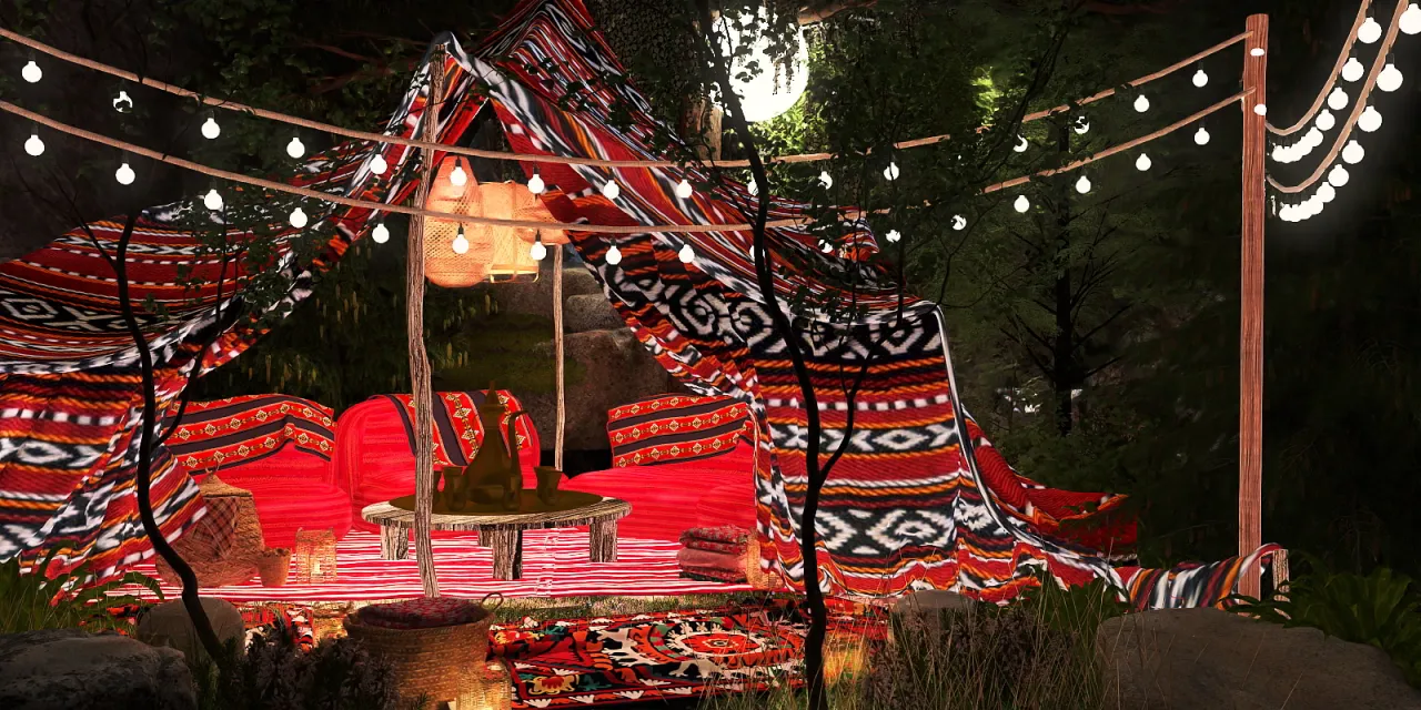 a large red and white tent with a large red candle 