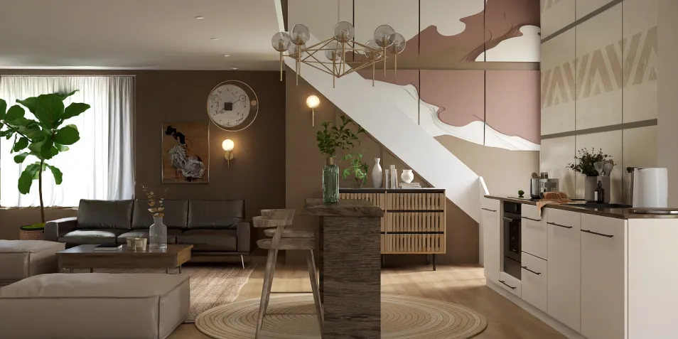 Modern living room featuring a stylish sofa and decorative accents, designed with a contemporary aesthetic, showcasing the interior decor capabilities of Homestyler.