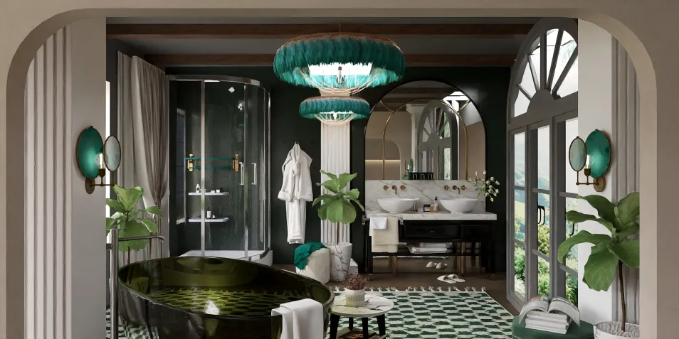 luxurious bathroom design featuring a vintage-style bathtub with elegant lighting and plants, showcasing modern interior decor using Homestyler's real-time 3D rendering feature.