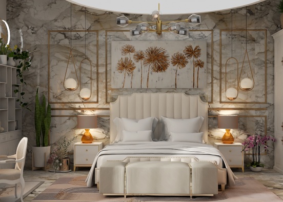 Cozy gold and white bedroom  Design Rendering