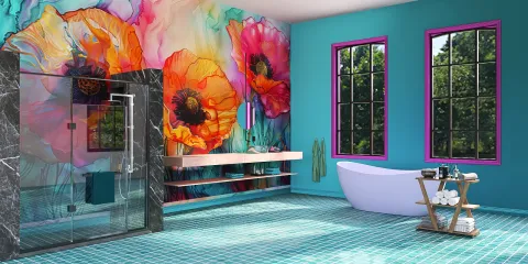 vibrant bathroom design with floral mural and modern features, showcasing interior design optimization using Homestyler's 3D rendering function for fast visualization