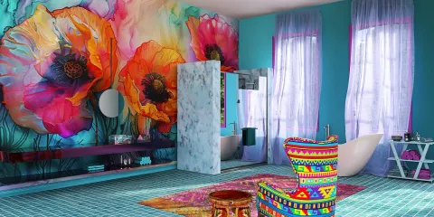 vibrant floral mural decorating a colorful bedroom featuring eclectic furniture and bright textiles, showcasing interior decor with Homestyler's real-time 3D rendering for design proposal visualization.
