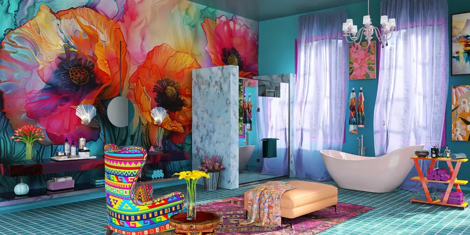 vibrant bathroom design featuring colorful flower wall art and chic furniture arrangement, showcasing Homestyler's real-time 3D rendering capability for interior decor.