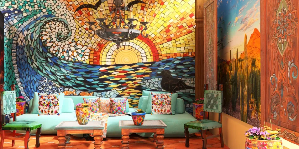 colorful mosaic wall art featuring a wave and sun design with stylish seating arrangement, vibrant decor accents, optimizing small space layout with Homestyler's intelligent furniture placement feature.