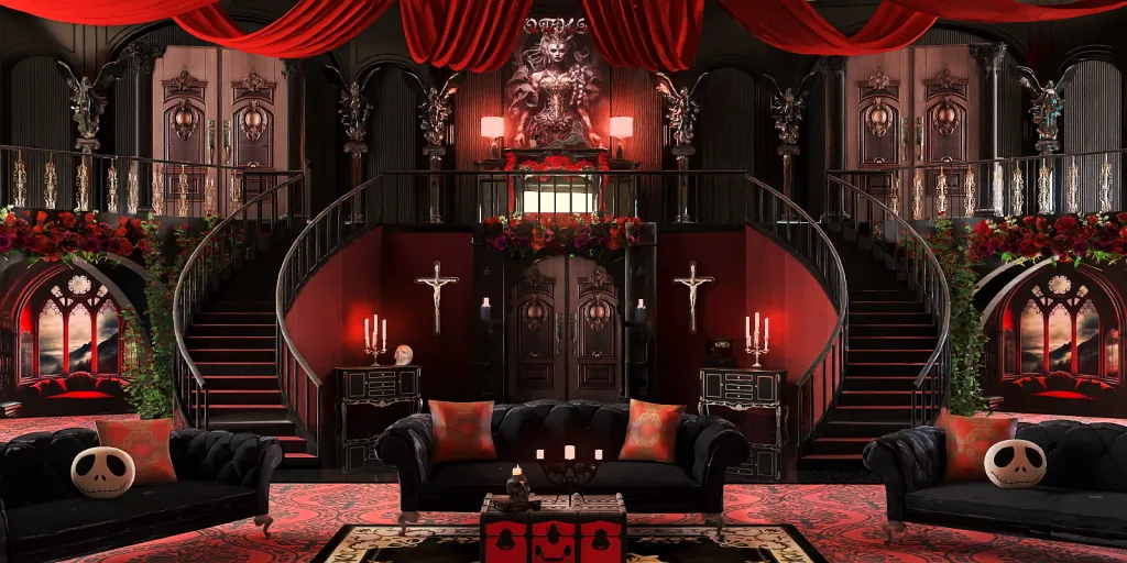 a living room with a large red couch and a large red chair 