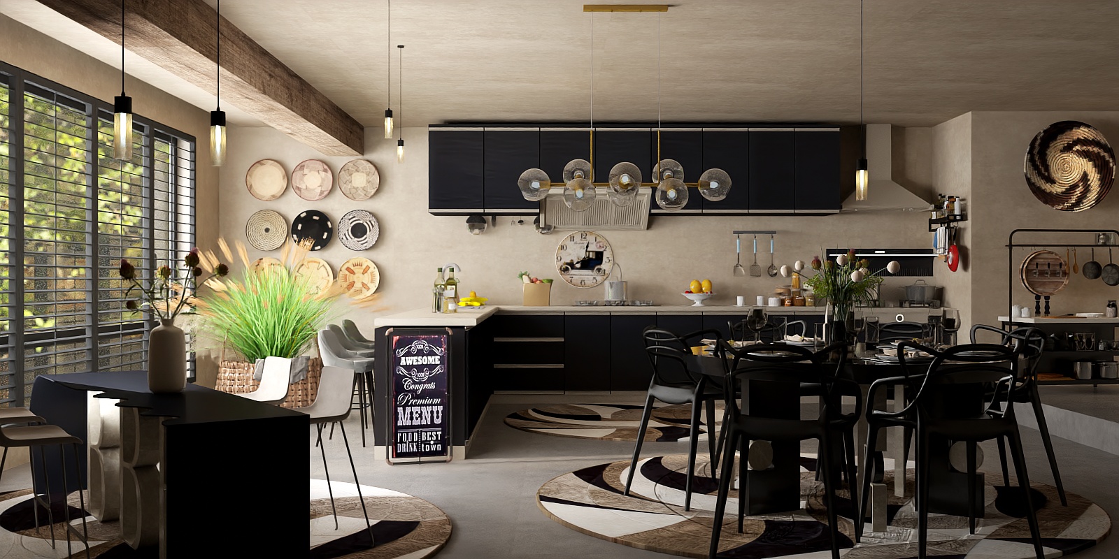 Black/Tan kitchen with dining area. 