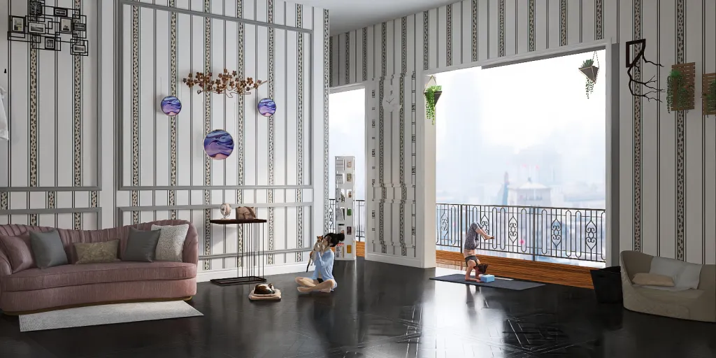 a living room with a window and a dog sitting on the floor 