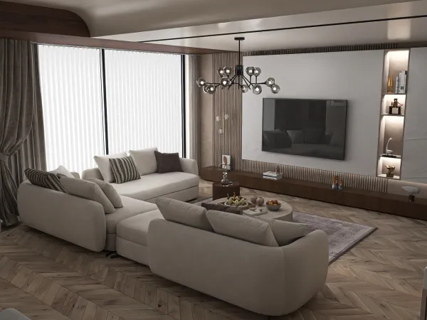 modern living room design featuring a spacious sectional sofa and a TV wall unit, showcasing smart furniture arrangement for small space optimization, utilizing Homestyler's real-time 3D rendering technology.
