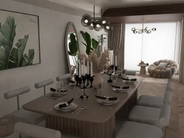 dining room with elegant table setting featuring sophisticated decor and soft color palette, showcasing an inviting atmosphere for family gatherings, using Homestyler's 3D rendering for realistic design visualization.
