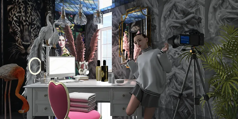 A young woman posing in a stylish home office with decorative elements and a modern desk featuring a camera, inspired by eclectic design for creative workspace enhancement using Homestyler's real-time 3D rendering feature.