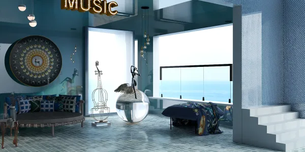 modern bedroom with decorative elements and panoramic ocean view, featuring a stylish seating area and artistic accents, showcasing Homestyler's real-time 3D rendering capabilities