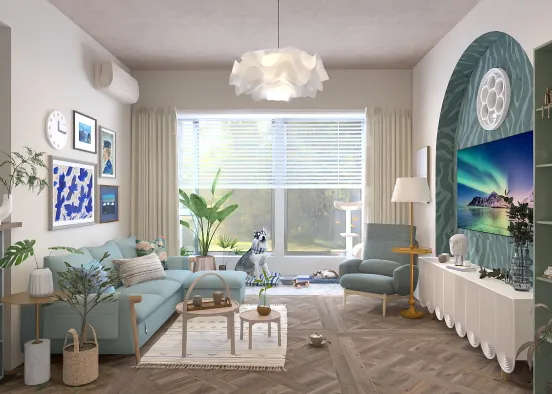Simplistic living room with pet zone Design Rendering