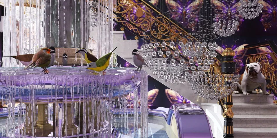 fountain with birds and a dog accentuating the luxurious interior design style, creating a stunning visual effect in a grand entrance space using Homestyler's real-time 3D rendering feature.