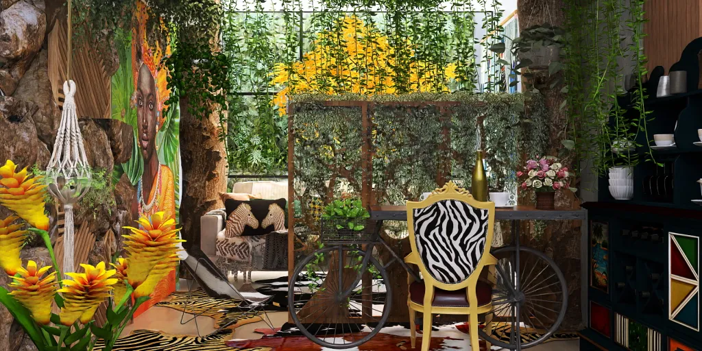 a living room with a table and chairs and flowers 