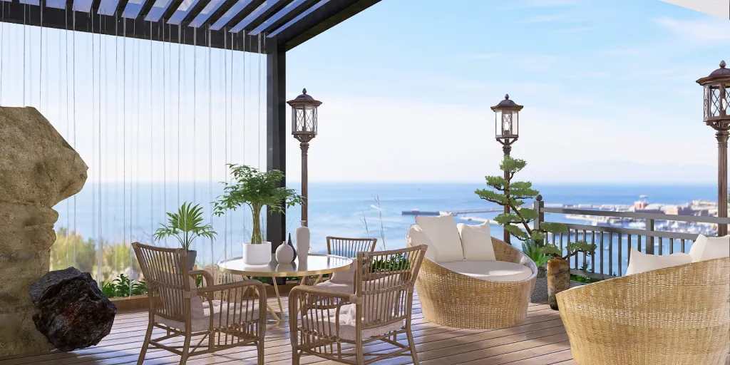a patio table with chairs and a table with a view of the ocean 