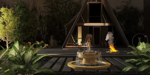 modern outdoor fountain design showcasing sophisticated landscaping with lush greenery at a contemporary home entrance, optimized for visual appeal and immersive ambiance, utilizing Homestyler's real-time 3D rendering feature