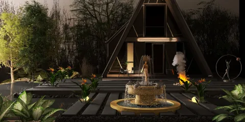 modern landscape design featuring a fountain and plants creating a serene outdoor space with a focus on nature; utilizing Homestyler's real-time 3D rendering feature to visualize the design.