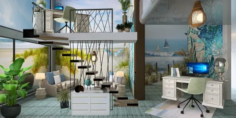 modern lounge with spiral staircase and workspace design featuring coastal elements and greenery, showcasing 3D interior design using Homestyler's real-time rendering functionality for a visually appealing space.