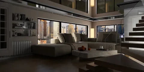 living room furniture arrangement showcasing a modern design style with panoramic city views, utilizing Homestyler's real-time 3D rendering feature for effective interior decor visualization