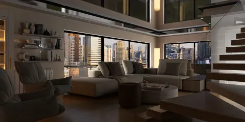 Modern living room featuring a spacious couch arrangement with city view windows, designed using Homestyler for interior decor planning, reflecting contemporary style and optimizing space utilization.