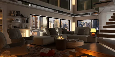 modern living room with large windows showcasing a city view, arranging furniture for optimal space usage in contemporary style, featuring Homestyler's real-time 3D rendering for design proposals.