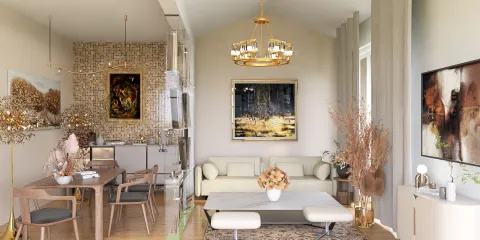 Living room featuring a modern sofa and dining area designed for optimal space utilization using Homestyler's smart furniture arrangement feature; showcases a contemporary style with elegant decor elements.