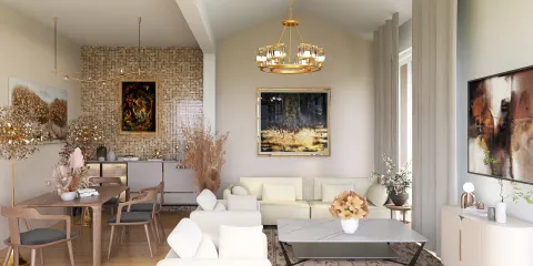 modern living room featuring elegant furniture arrangement and artistic decor in a contemporary style, showcasing Homestyler's real-time 3D rendering capabilities.