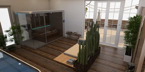 Modern living room featuring a contemporary glass enclosure and stylish wooden flooring, showcasing a cozy and stylish space ideal for relaxation. Utilizing Homestyler's real-time 3D rendering for design visualization.