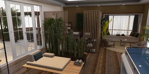 Indoor plant arrangement enhancing relaxation in a modern living room style, showcasing smart furniture placement using Homestyler's real-time 3D rendering feature.