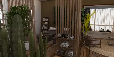 modern lounge area featuring natural wood partitions and greenery, designed for relaxation and comfort in a residential space using Homestyler's real-time 3D rendering feature.