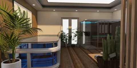 modern reception area with a combination of glass and wood design showcasing greenery and a spacious layout for an inviting atmosphere, featuring Homestyler's real-time 3D rendering for quick design proposal visualization.