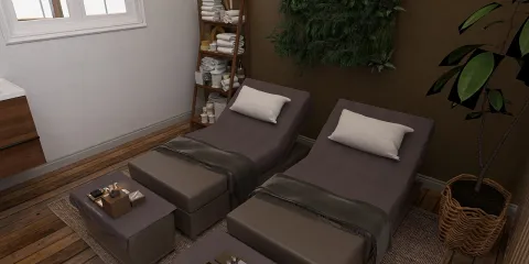 two modern lounge chairs with cushions positioned for relaxation in a cozy spa-like room featuring wood accents and plants, showcasing interior decor with Homestyler's real-time 3D rendering capability.