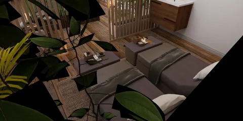 bedroom layout with twin beds and contemporary design featuring wooden accents and natural elements, showcasing Homestyler's 3D rendering capabilities for interior decor.