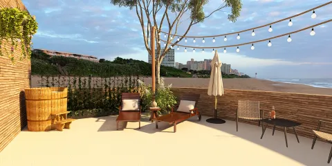 outdoor terrace seating arrangement with sun loungers and a table, coastal style, perfect for beachside relaxation; featuring Homestyler's real-time 3D rendering for design preview.