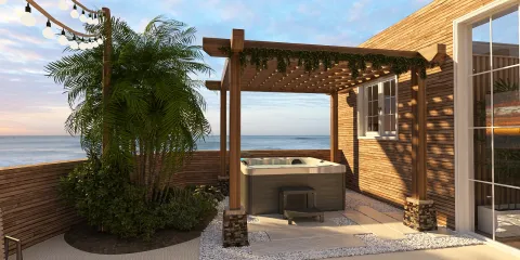 outdoor hot tub installation with wooden pergola highlighting coastal views in a modern tropical style, featuring Homestyler's real-time 3D rendering for effective design visualization