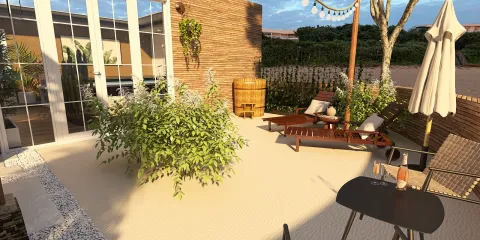 outdoor garden space showcasing seating area with loungers and umbrella, designed in a modern style, emphasizing relaxation and leisure, featuring Homestyler's real-time 3D rendering for fast preview of design effectiveness.