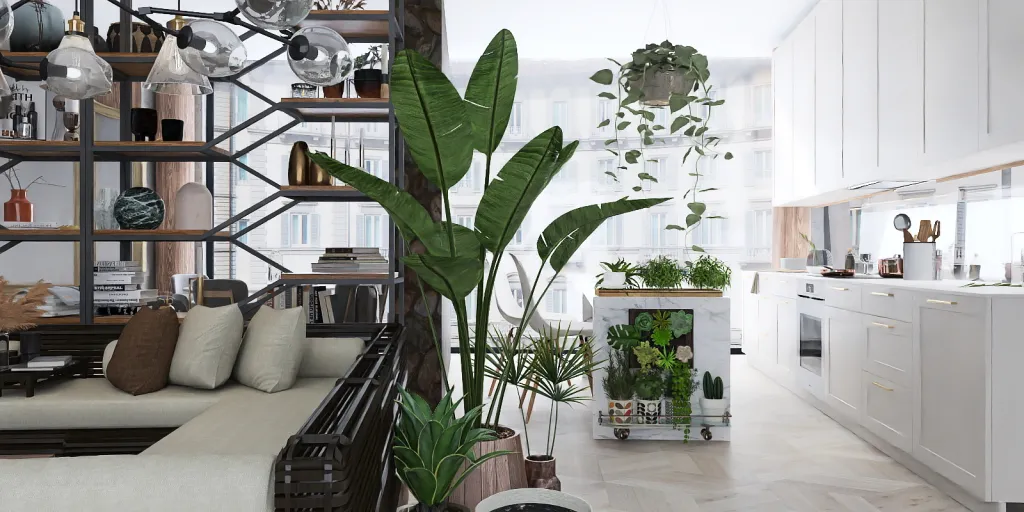 a living room with a bunch of plants in it 