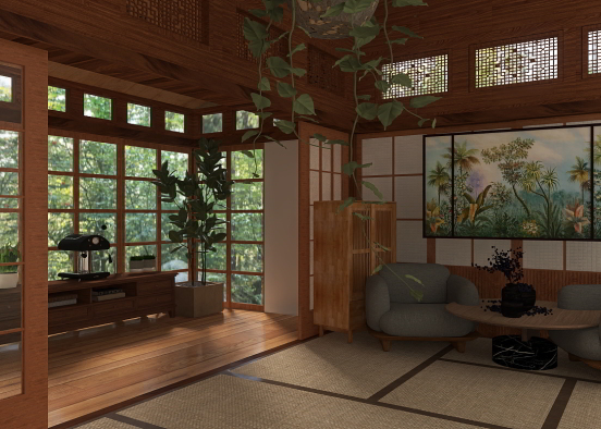 A scandi, Japanese, peacful office room Design Rendering