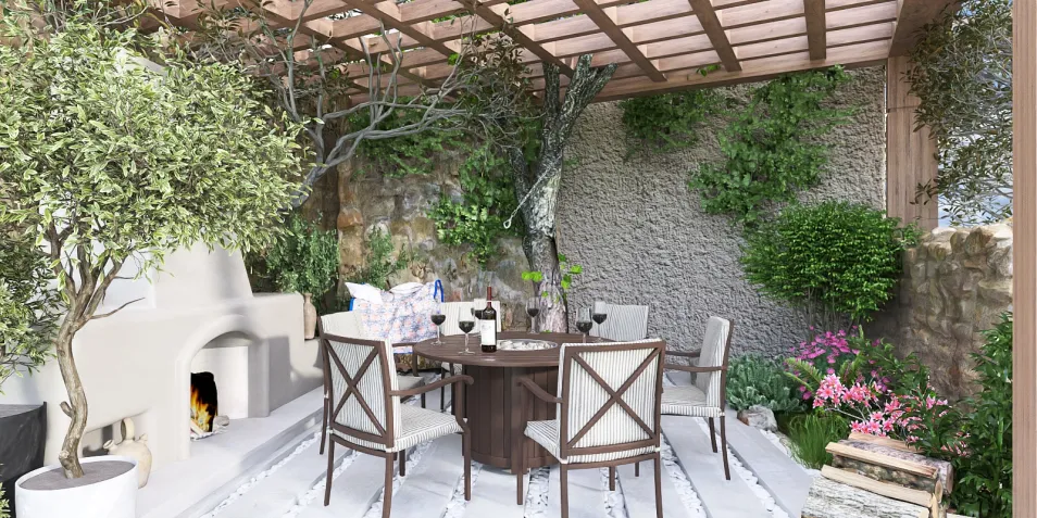 outdoor dining area featuring a round wooden table set with chairs surrounded by greenery and flowers, designed in a modern rustic style, showcasing Homestyler's real-time 3D rendering feature.