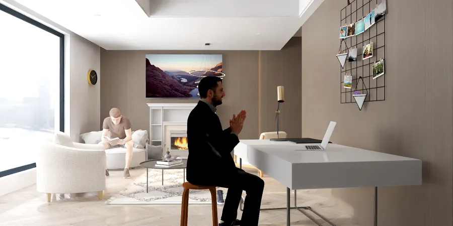 a man standing in front of a white table in a living room 