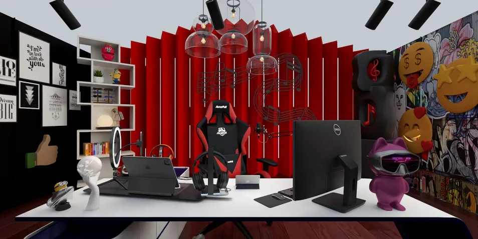 gaming room design featuring a modern gaming desk setup with ergonomic chair, vibrant red accent wall, and creative decor elements, showcasing interior design for a personalized workspace; utilizing Homestyler's real-time 3D rendering feature for effective design proposals.