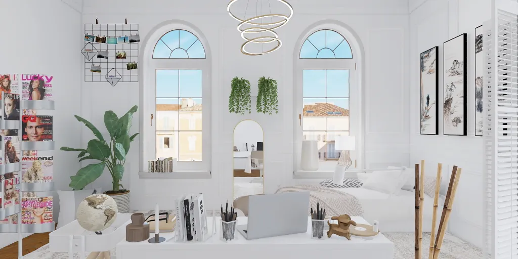 a large white room with a large window 