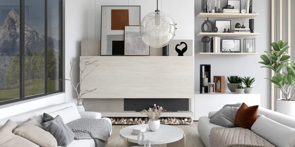 modern living room interior design featuring a cozy sofa arrangement with decorative cushions, showcasing a minimalist aesthetic and emphasizing functionality, utilizing Homestyler’s real-time 3D rendering for a realistic preview.