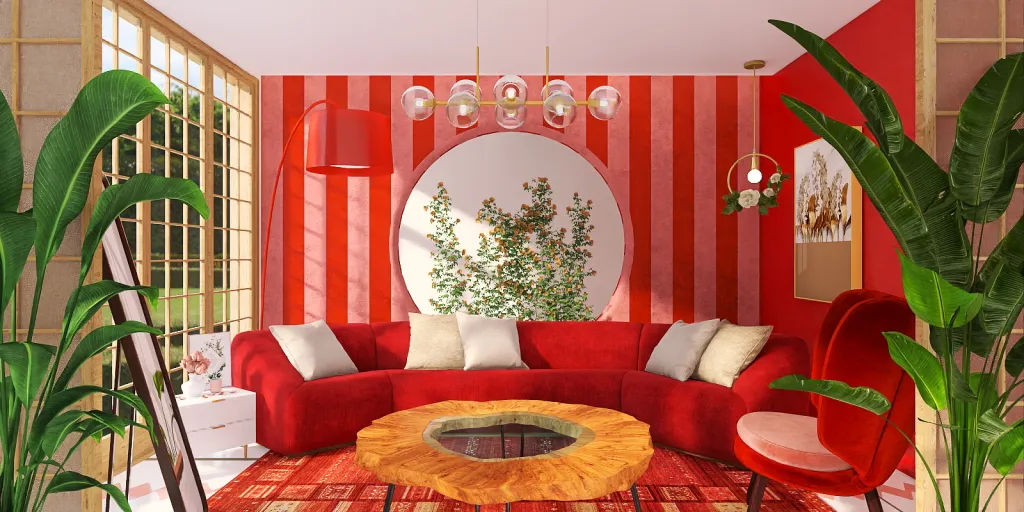 a living room with a red couch and a red rug 