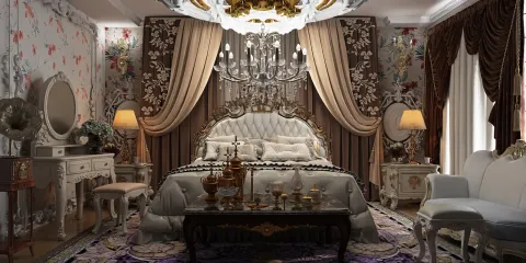 luxurious bedroom design featuring an ornate bed with chandelier lighting, styled in classic elegance, showcasing interior decoration for Homestyler's 3D rendering functionality.