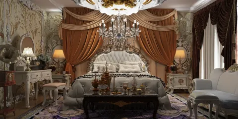 luxurious bedroom design featuring elegant chandelier and rich drapery styled in opulent decor, showcasing the Homestyler's real-time 3D rendering feature for interior design visualization.